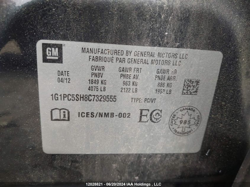 2012 Chevrolet Cruze VIN: 1G1PC5SH8C7329555 Lot: 12028821