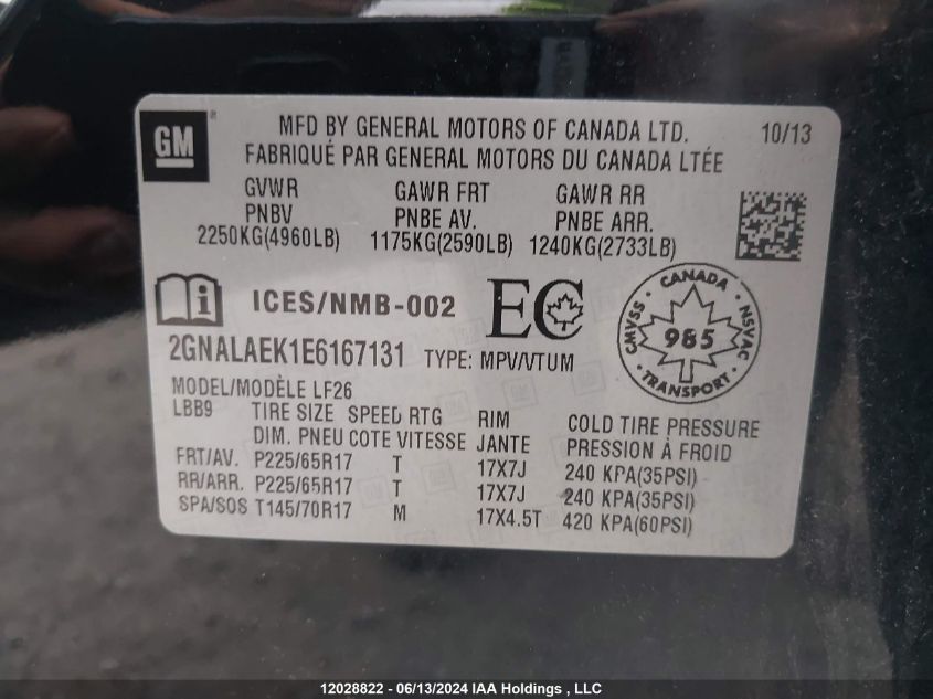 2014 Chevrolet Equinox VIN: 2GNALAEK1E6167131 Lot: 12028822