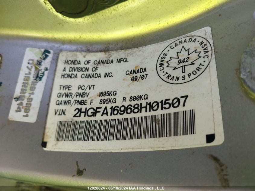 2008 Honda Civic Sdn VIN: 2HGFA16968H101507 Lot: 12028824