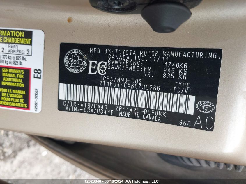 2011 Toyota Corolla Le VIN: 2T1BU4EEXBC736266 Lot: 12028840