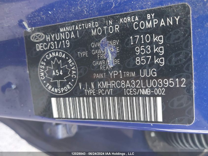 2020 Hyundai Venue Trend With Urban Edition Package With Denim Blue Interior Colour Pack VIN: KMHRC8A32LU039512 Lot: 12028843