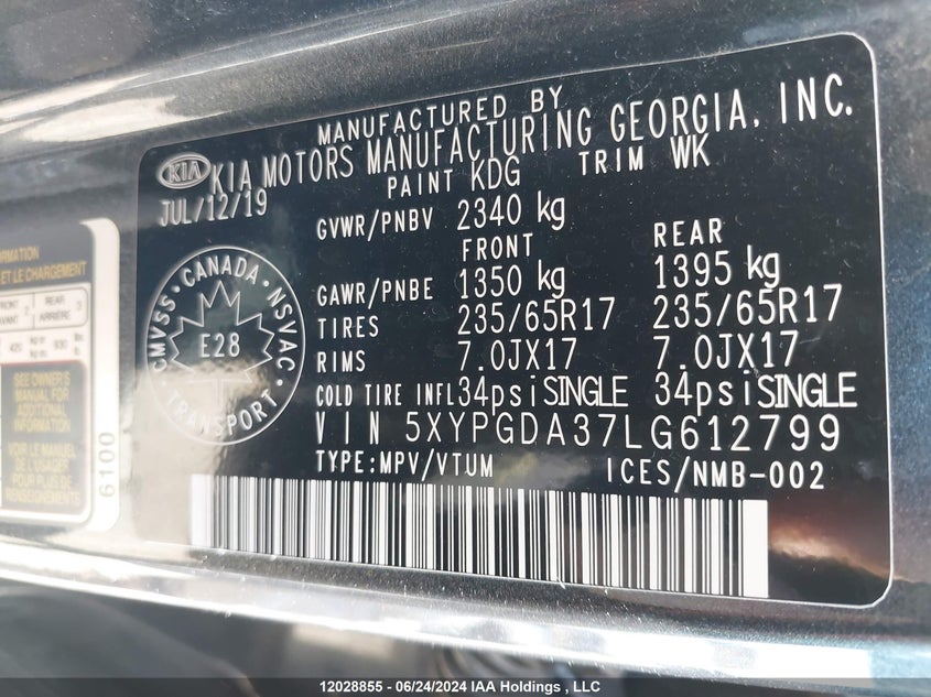 2020 Kia Sorento VIN: 5XYPGDA37LG612799 Lot: 12028855