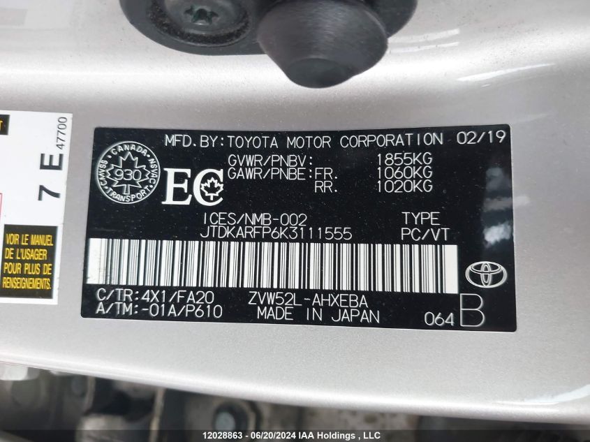 2019 Toyota Prius VIN: JTDKARFP6K3111555 Lot: 12028863