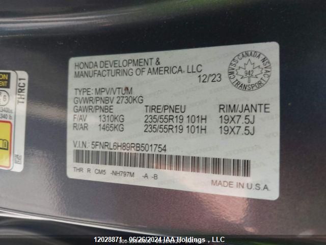 2024 Honda Odyssey VIN: 5FNRL6H89RB501754 Lot: 12028871