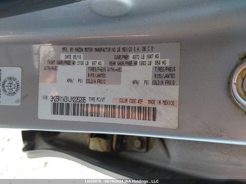 2018 Mazda Mazda3 VIN: 3MZBN1W3XJM225295 Lot: 12028878
