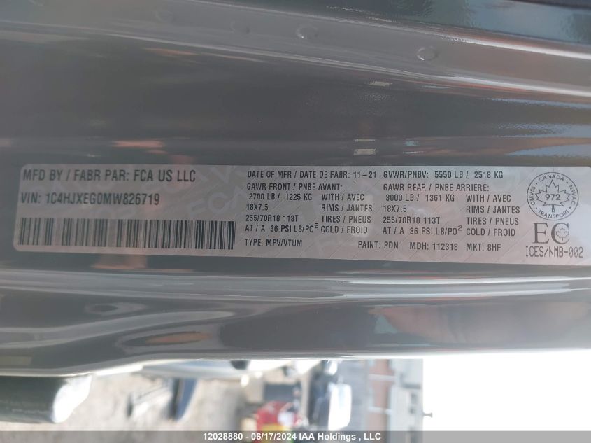 2021 Jeep Wrangler Unlimited Sahara VIN: 1C4HJXEG0MW826719 Lot: 12028880