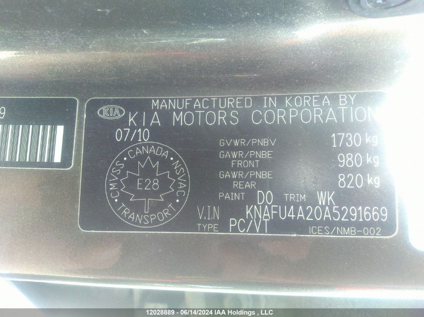 2010 Kia Forte VIN: KNAFU4A20A5291669 Lot: 12028889