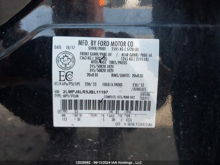 2018 Lincoln Mkx Reserve VIN: 2LMPJ8LR3JBL11197 Lot: 12028892