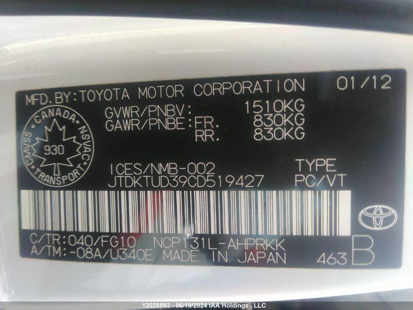 2012 Toyota Yaris VIN: JTDKTUD39CD519427 Lot: 12028893