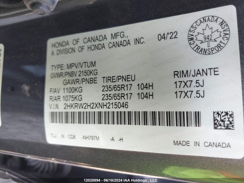 2022 Honda Cr-V VIN: 2HKRW2H2XNH215046 Lot: 12028894