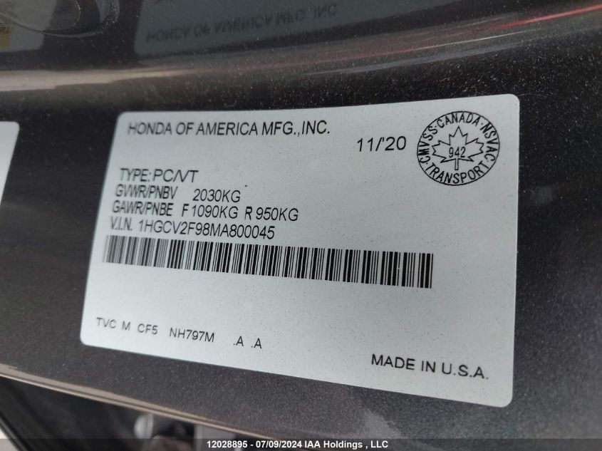 2021 Honda Accord Sedan VIN: 1HGCV2F98MA800045 Lot: 12028895