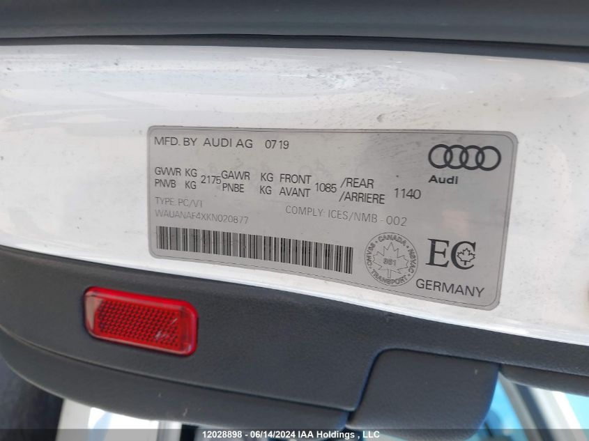 2019 Audi A4 Sedan VIN: WAUANAF4XKN020877 Lot: 12028898