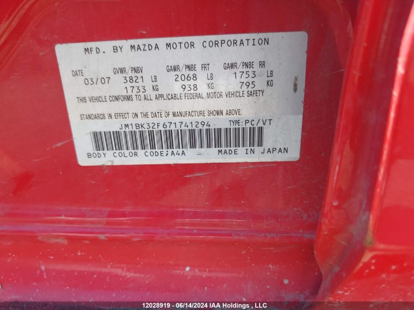 2007 Mazda 3 I VIN: JM1BK32F671741294 Lot: 12028919
