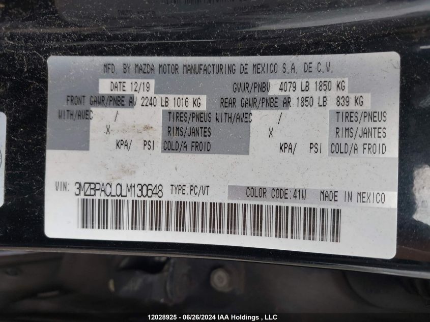 2020 Mazda Mazda3 VIN: 3MZBPACL0LM130648 Lot: 12028925