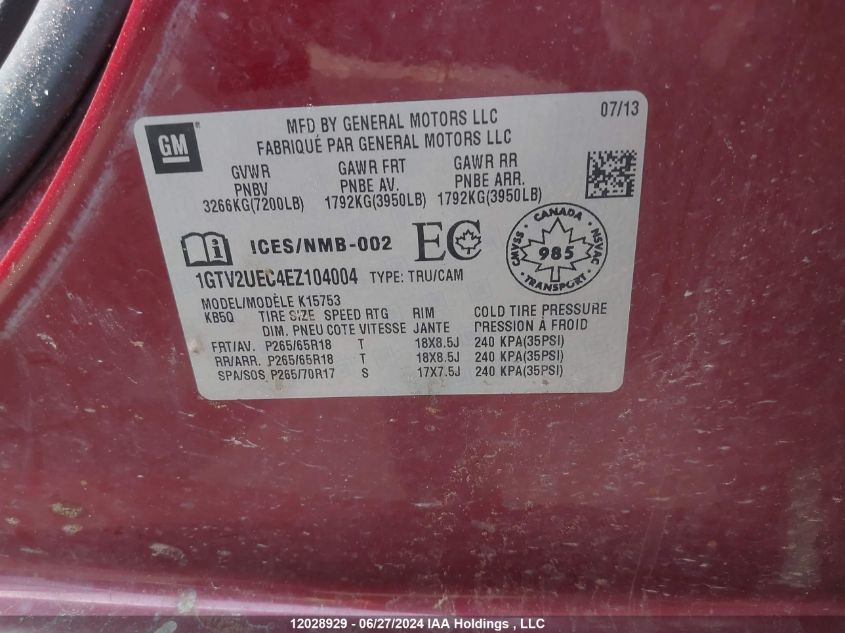 2014 GMC Sierra 1500 VIN: 1GTV2UEC4EZ104004 Lot: 12028929