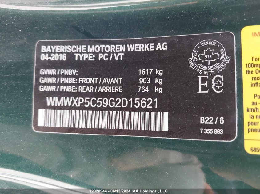 2016 Mini Cooper Hardtop VIN: WMWXP5C59G2D15621 Lot: 12028944