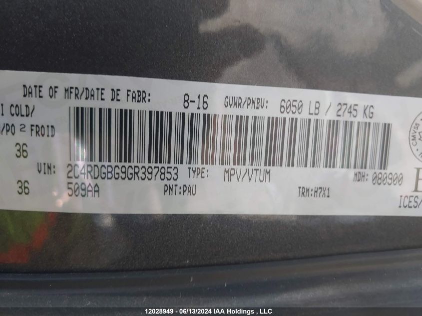 2016 Dodge Grand Caravan Se VIN: 2C4RDGBG9GR397853 Lot: 12028949