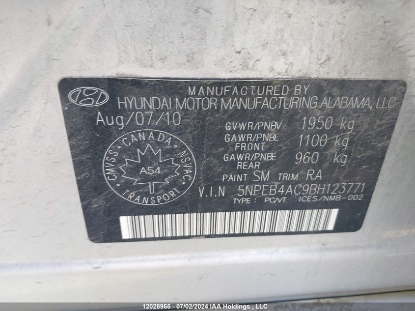 2011 Hyundai Sonata Gls VIN: 5NPEB4AC9BH123771 Lot: 12028955