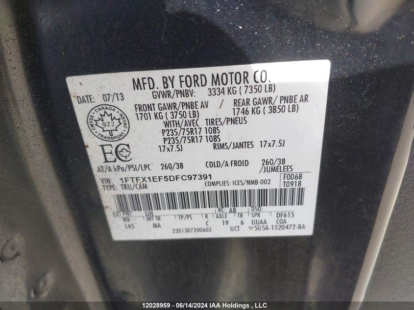 2013 Ford F150 Super Cab VIN: 1FTFX1EF5DFC97391 Lot: 12028959