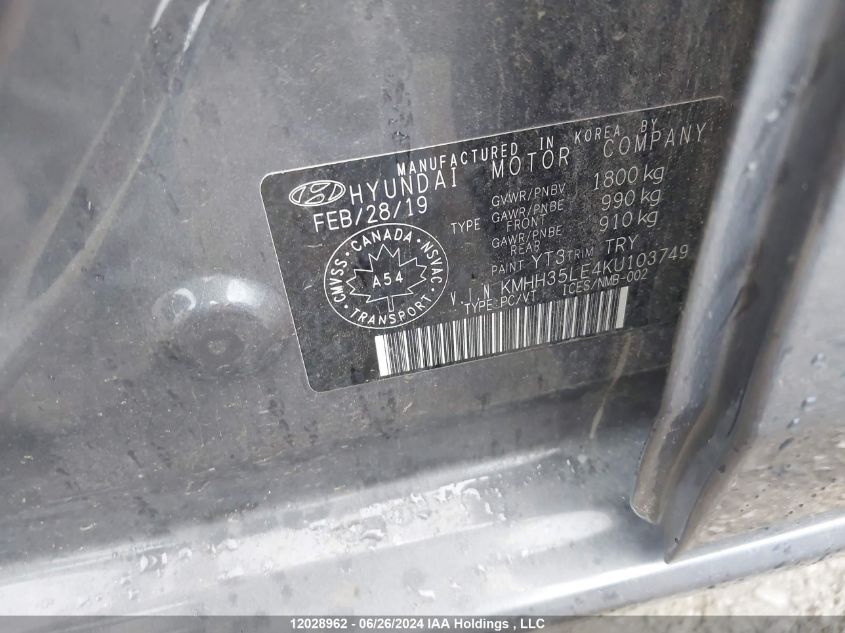 2019 Hyundai Elantra Gt Preferred VIN: KMHH35LE4KU103749 Lot: 12028962