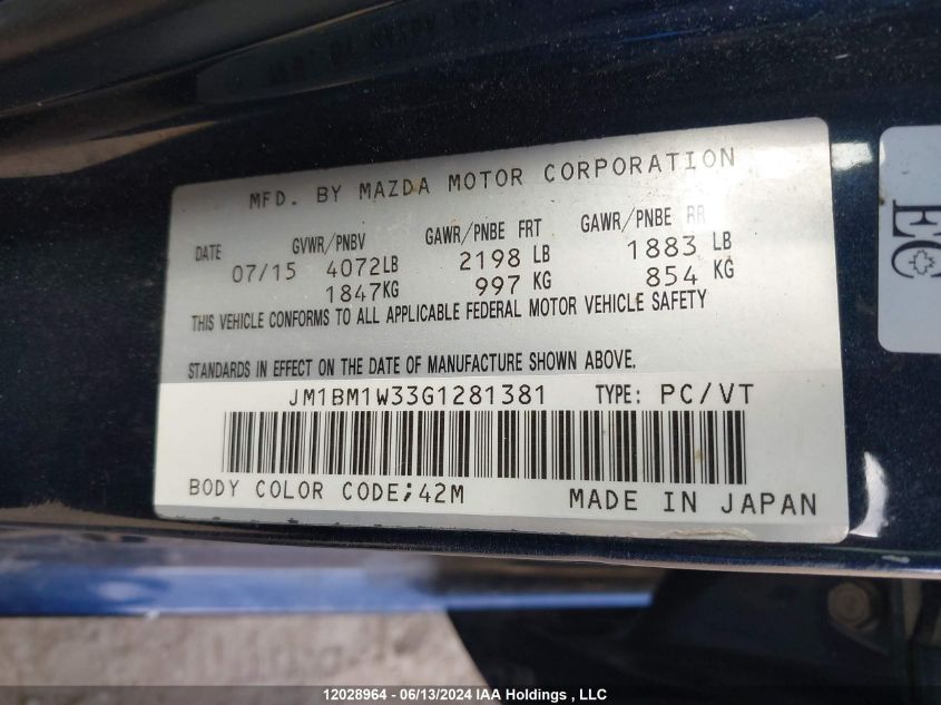 2016 Mazda Mazda3 VIN: JM1BM1W33G1281381 Lot: 12028964