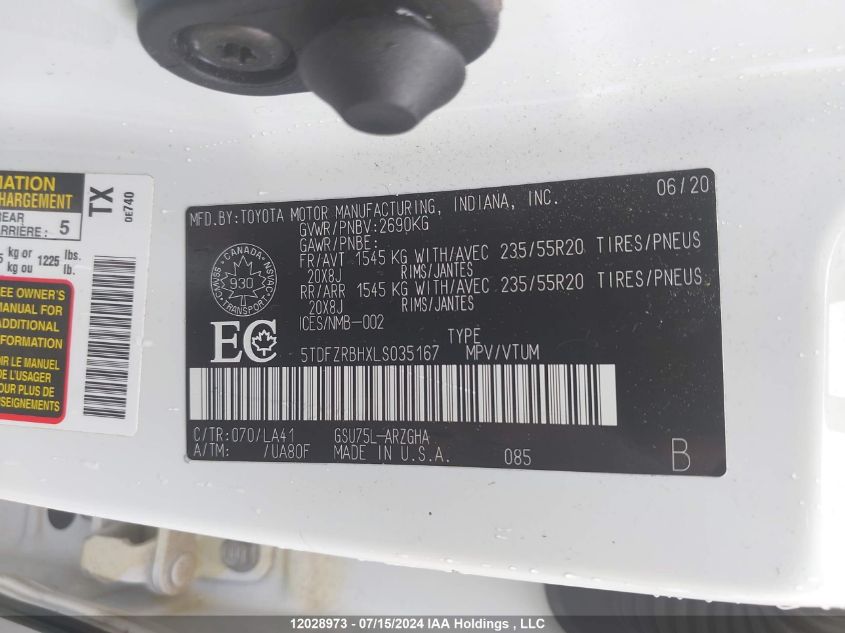 2020 Toyota Highlander Platinum VIN: 5TDFZRBHXLS035167 Lot: 12028973