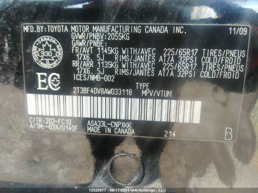 2010 Toyota Rav4 VIN: 2T3BF4DV8AW033118 Lot: 12028977