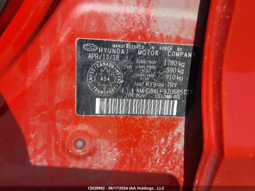 2018 Hyundai Elantra Sel/Value/Limited VIN: KMHD84LF9JU685137 Lot: 12028992