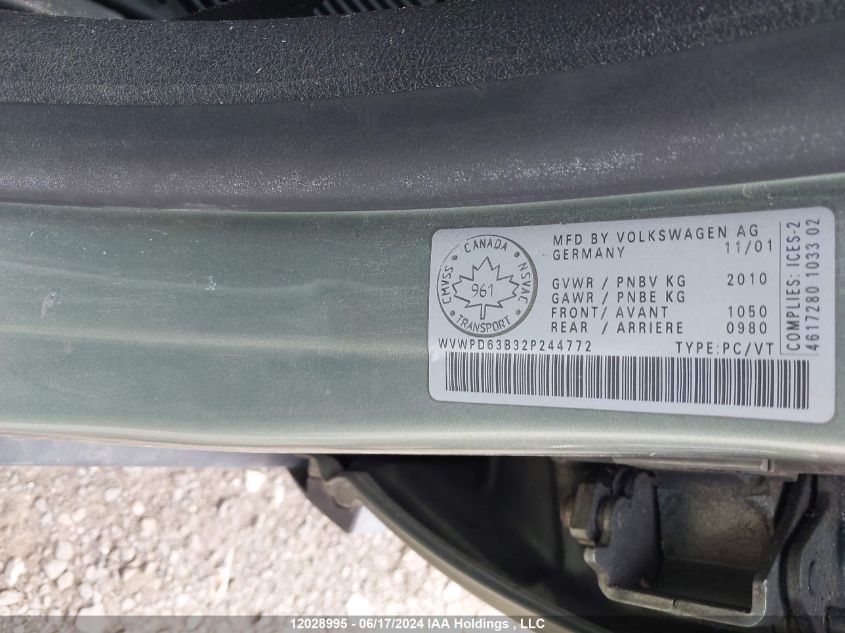 2002 Volkswagen Passat Gls VIN: WVWPD63B32P244772 Lot: 12028995