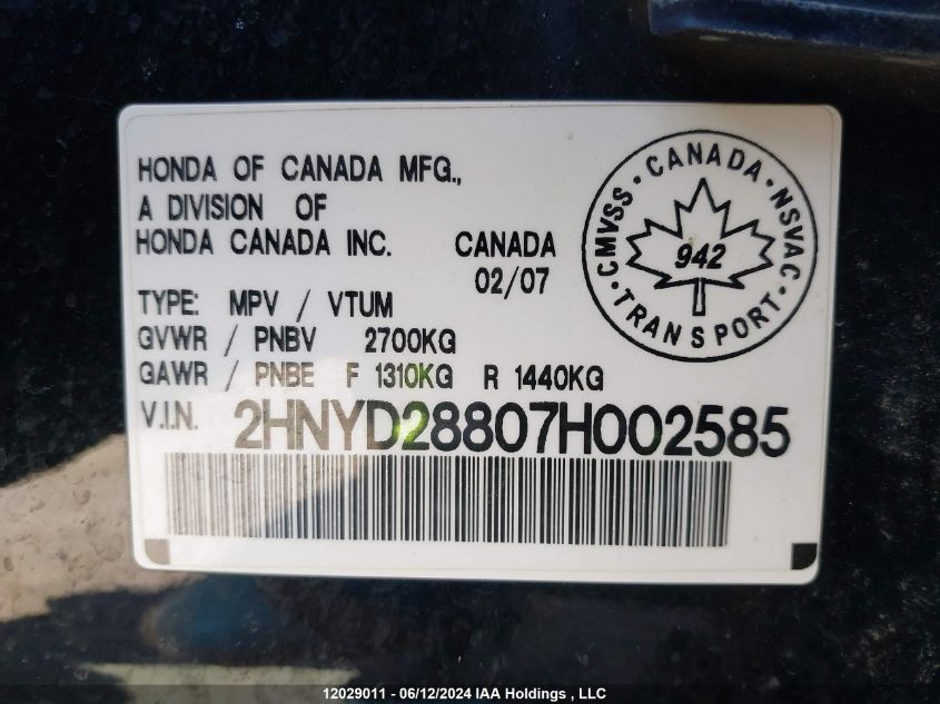 2007 Acura Mdx Sport VIN: 2HNYD28807H002585 Lot: 12029011