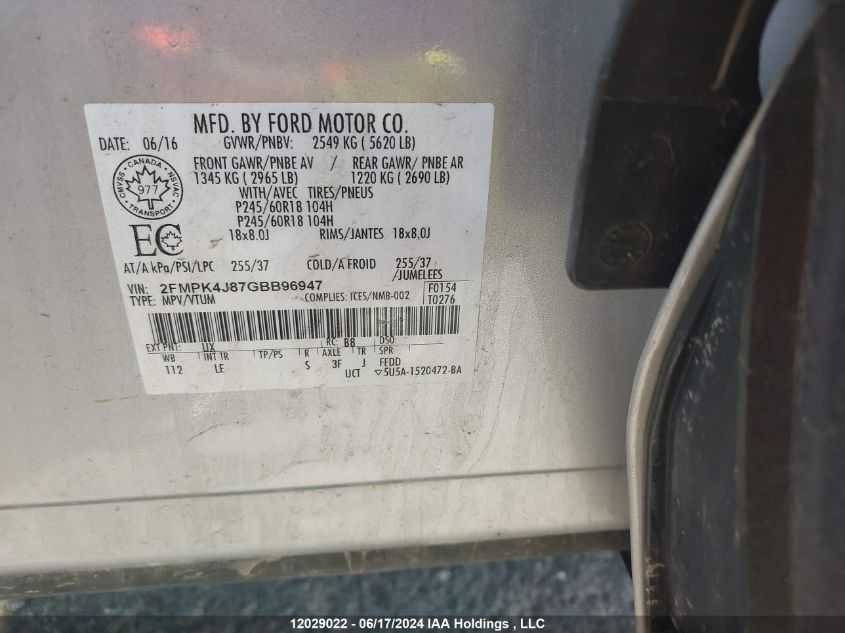 2016 Ford Edge Sel VIN: 2FMPK4J87GBB96947 Lot: 12029022