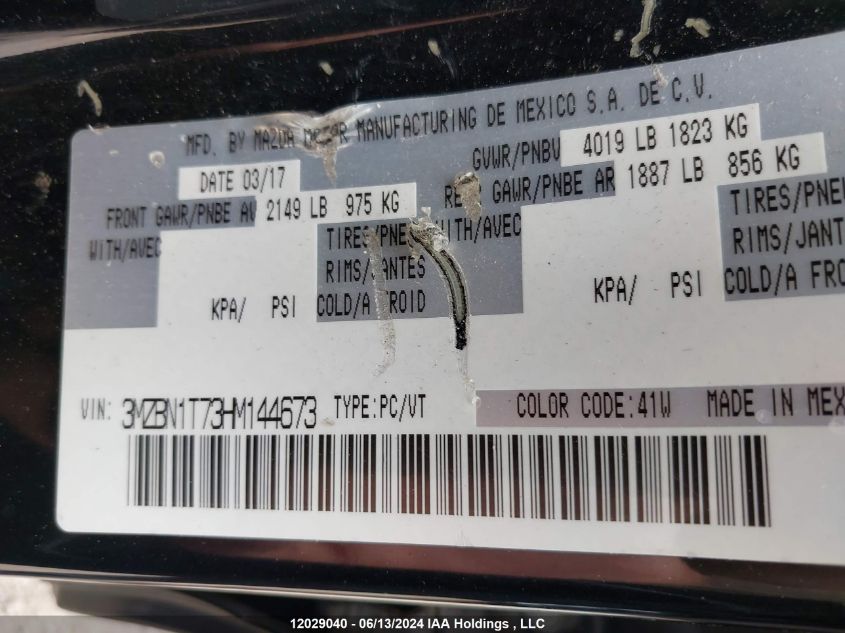 2017 Mazda Mazda3 VIN: 3MZBN1T73HM144673 Lot: 12029040