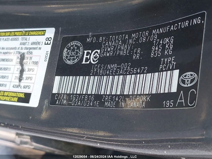 2010 Toyota Corolla VIN: 2T1BU4EE3AC256472 Lot: 12029054