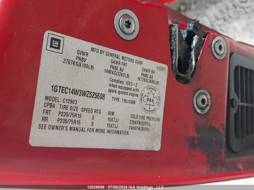 1998 GMC Sierra 1500 VIN: 1GTEC14W3WZ525608 Lot: 12029058