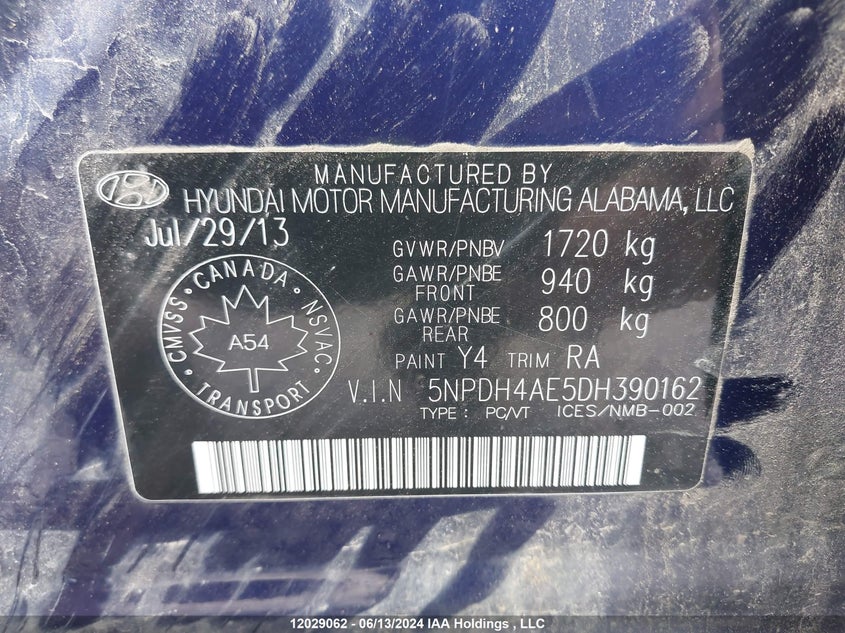 2013 Hyundai Elantra VIN: 5NPDH4AE5DH390162 Lot: 12029062