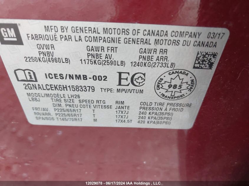 2017 Chevrolet Equinox Lt VIN: 2GNALCEK6H1583379 Lot: 12029078