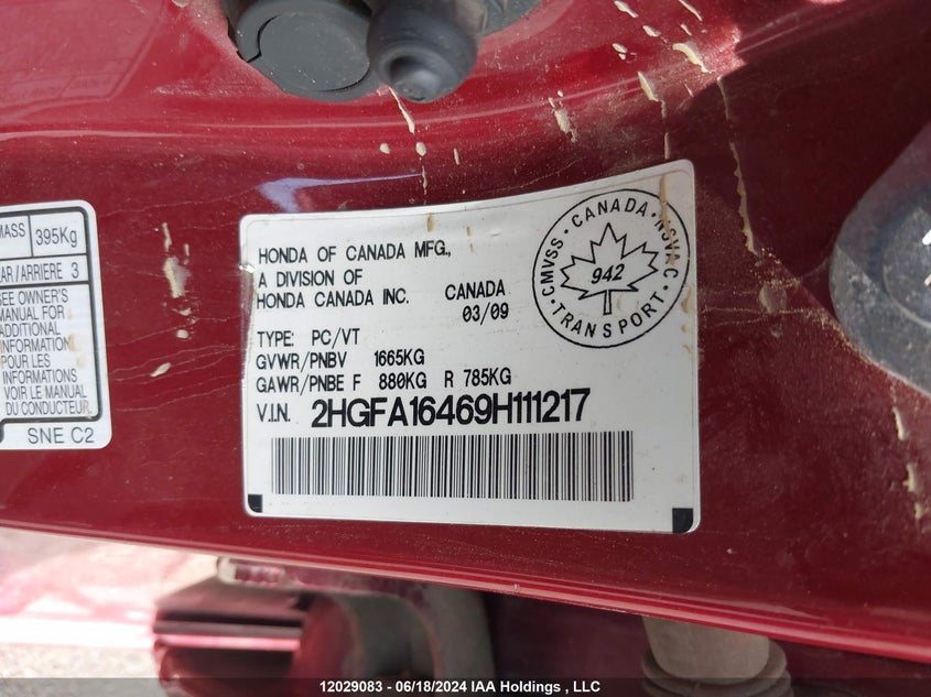 2009 Honda Civic Sdn VIN: 2HGFA16469H111217 Lot: 12029083