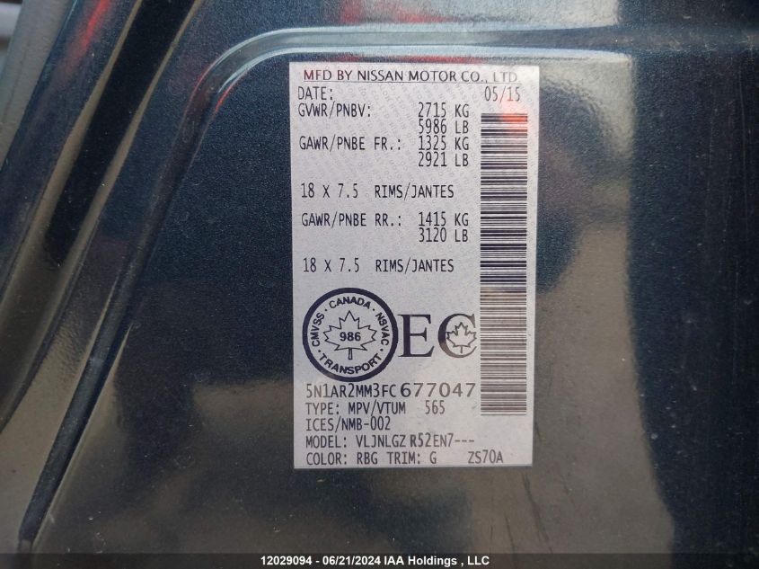 2015 Nissan Pathfinder VIN: 5N1AR2MM3FC677047 Lot: 12029094