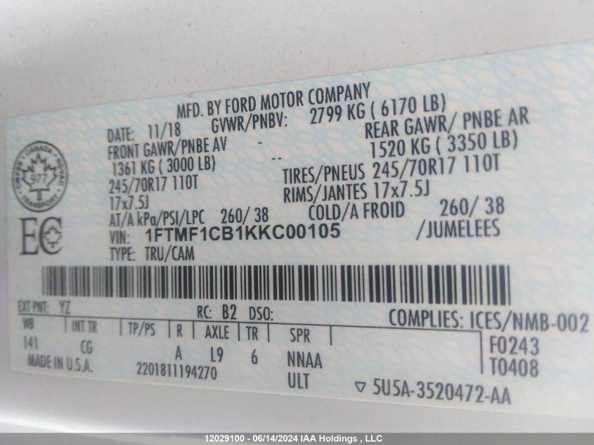 2019 Ford F150 VIN: 1FTMF1CB1KKC00105 Lot: 12029100