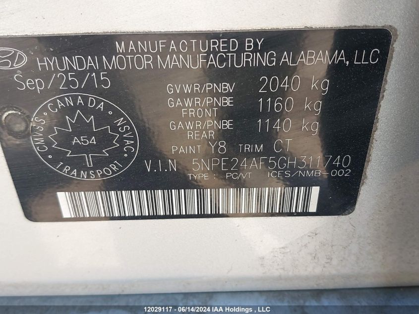 2016 Hyundai Sonata Se VIN: 5NPE24AF5GH311740 Lot: 12029117