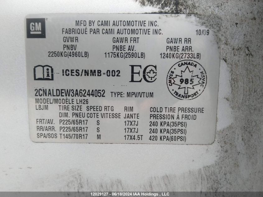 2010 Chevrolet Equinox VIN: 2CNALDEW3A6244052 Lot: 12029127