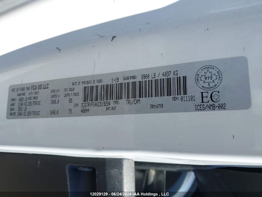 2019 Ram Promaster 2500 Window Van High Roof VIN: 3C6TRVPG4KE519234 Lot: 12029129