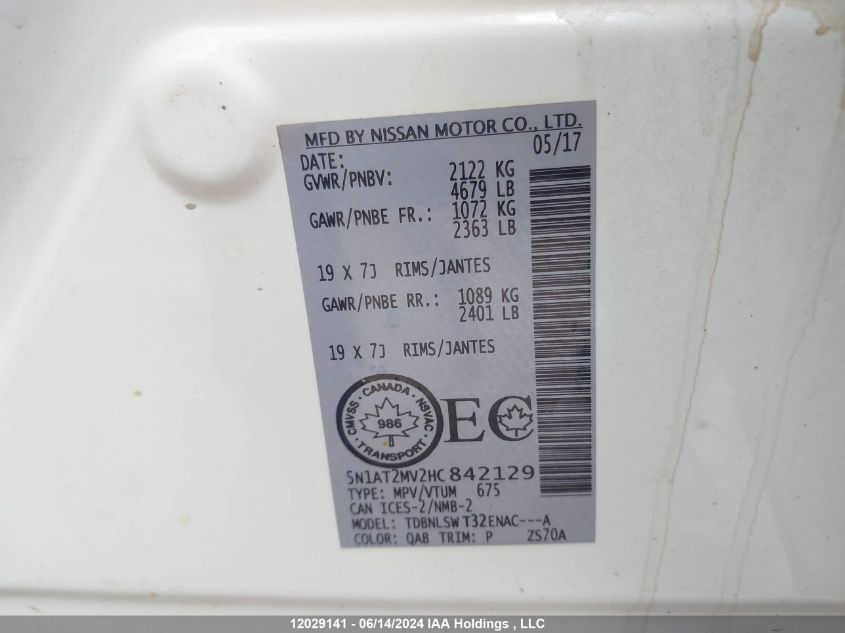 2017 Nissan Rogue VIN: 5N1AT2MV2HC842129 Lot: 12029141