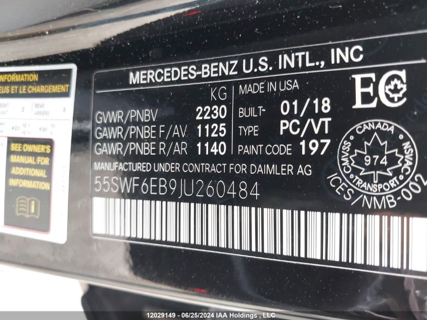 2018 Mercedes-Benz C-Class VIN: 55SWF6EB9JU260484 Lot: 12029149