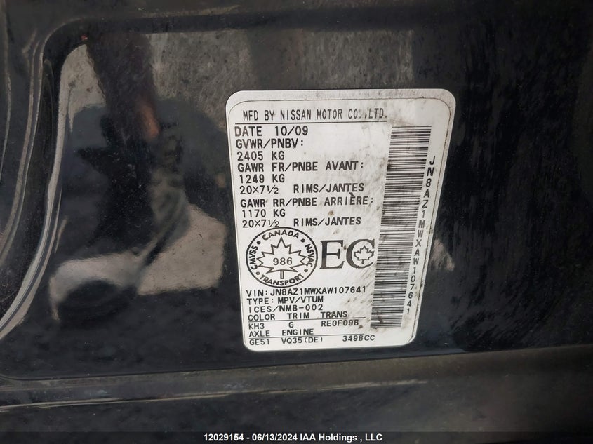 2010 Nissan Murano S/Sl/Le VIN: JN8AZ1MWXAW107641 Lot: 12029154