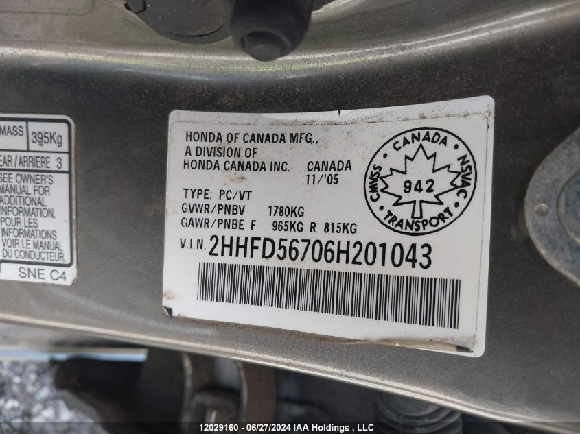 2006 Acura Csx VIN: 2HHFD56706H201043 Lot: 12029160