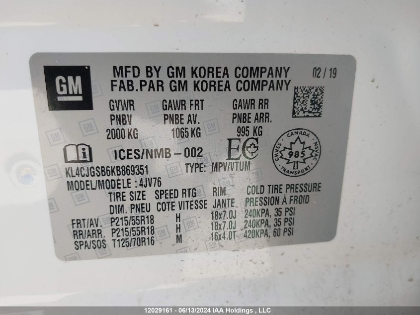 2019 Buick Encore VIN: KL4CJGSB6KB869351 Lot: 12029161