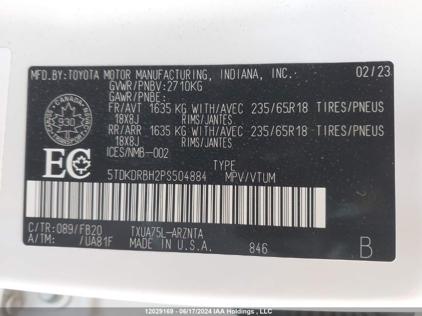 2023 Toyota Highlander L/Le/Xle/Limited/Platinum/Xse VIN: 5TDKDRBH2PS504884 Lot: 12029169