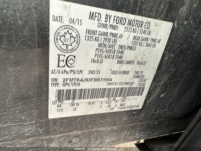 2015 Ford Edge Sel VIN: 2FMTK4J93FBB31664 Lot: 12029172