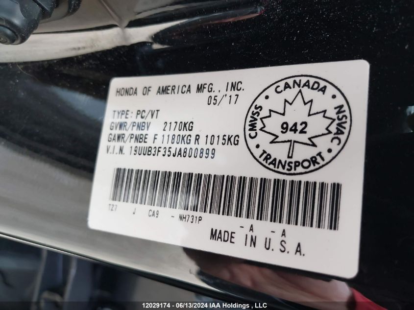 2018 Acura Tlx VIN: 19UUB3F35JA800899 Lot: 12029174